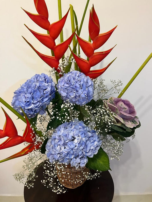 Blue Hydrangeas with Red Heliconias