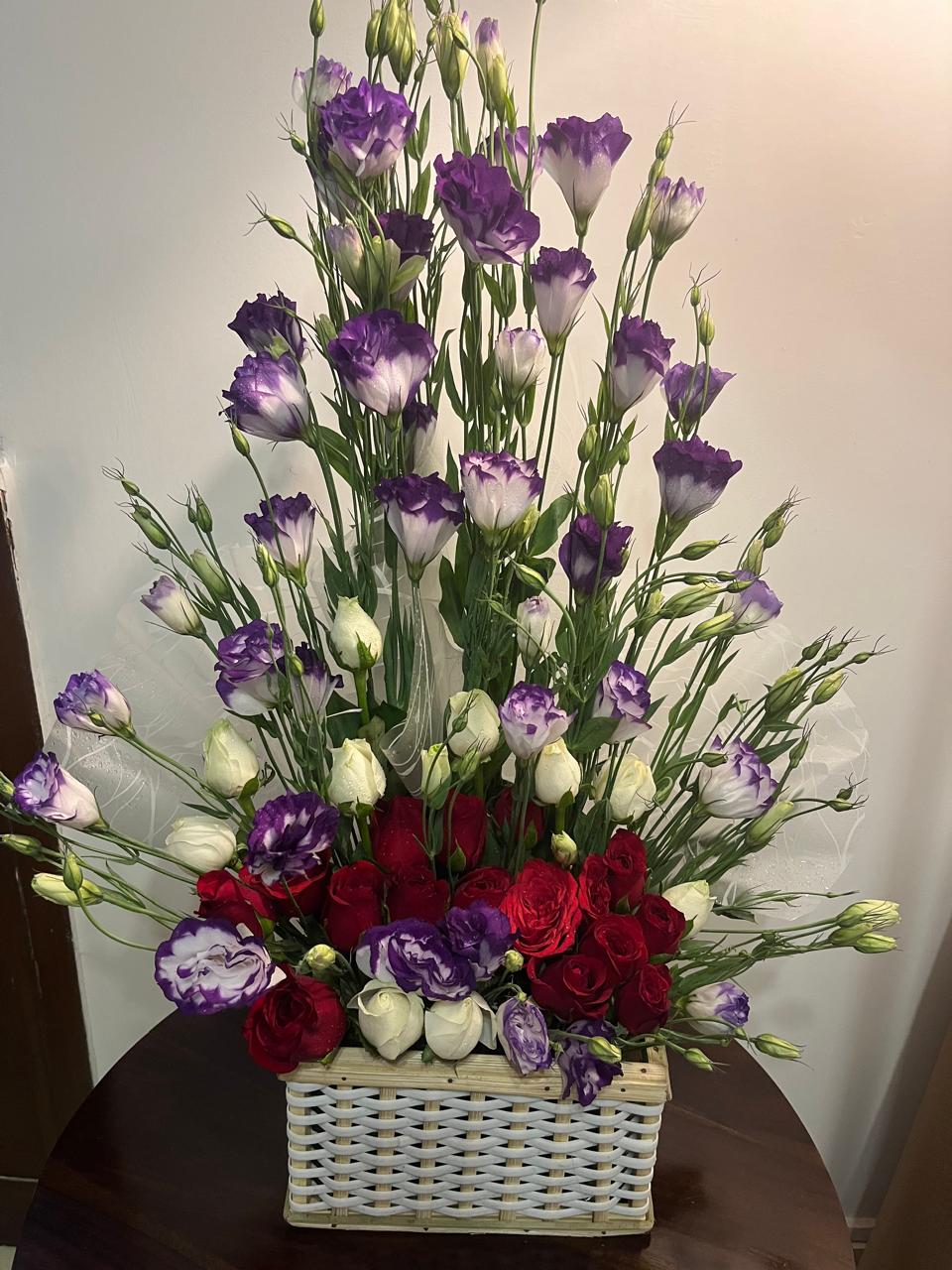 Purple Bouquet with Red Roses